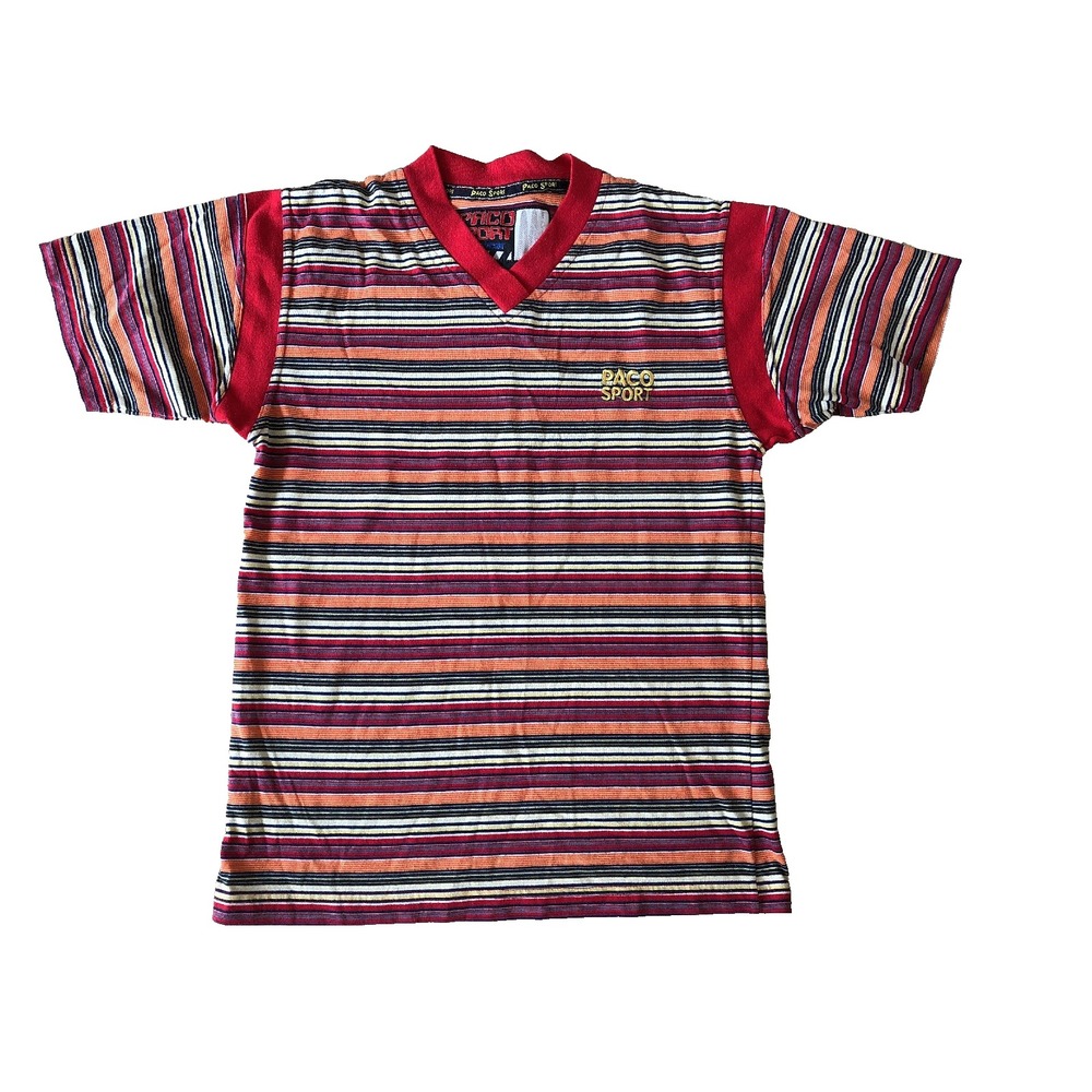 Vintage Pako Sport Tek Wear Mens Top Size M Stripes Red/Black/White/Orange